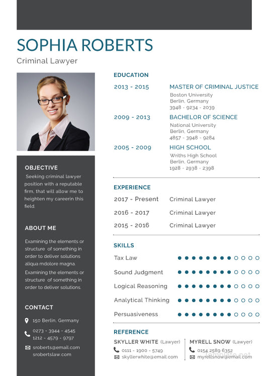 Free Basic Criminal Lawyer Resume CV Template in Photoshop (PSD), Illustrator (AI), Microsoft Word and Indesign Formats