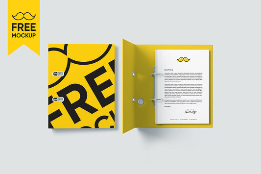 Free Open Yellow Folder with White A4 Paper Mockup PSD