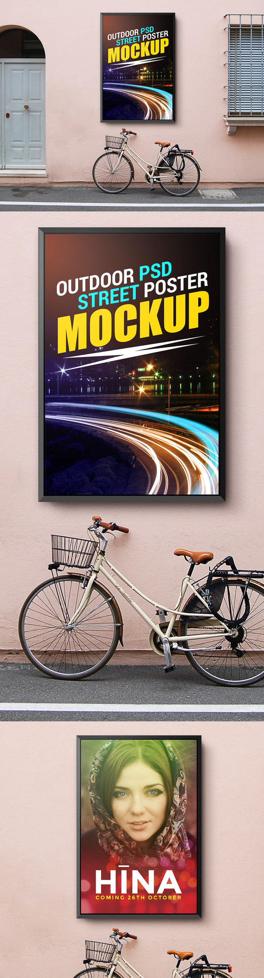 Free Outdoor Street Poster Frame Mockup with Bicycle, Door and Window