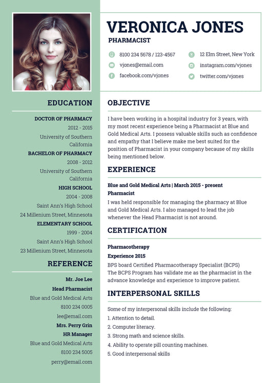 Free Basic Pharmacist Resume CV Template in Photoshop (PSD), Illustrator (AI), Microsoft Word and Indesign Formats