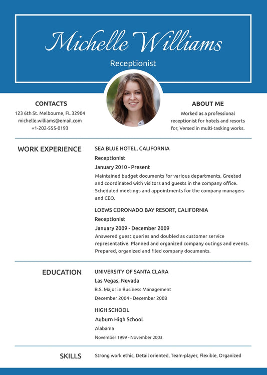 Free Basic Receptionist Resume CV Template in Photoshop (PSD), Illustrator (AI), Microsoft Word and Indesign Formats