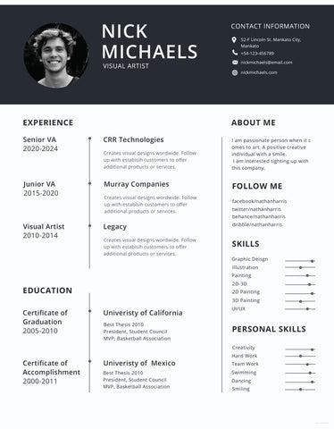 Free Visual Artist Photo Resume CV Template in Photoshop (PSD), Illustrator (AI) and Indesign Formats