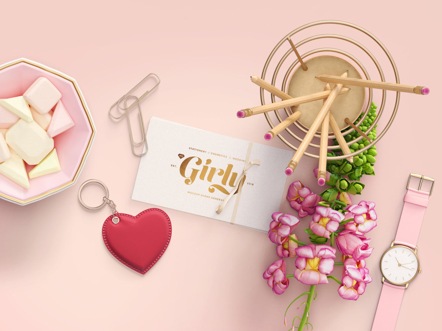 Free Three Perspectives of Girly Branding Scene Mockups