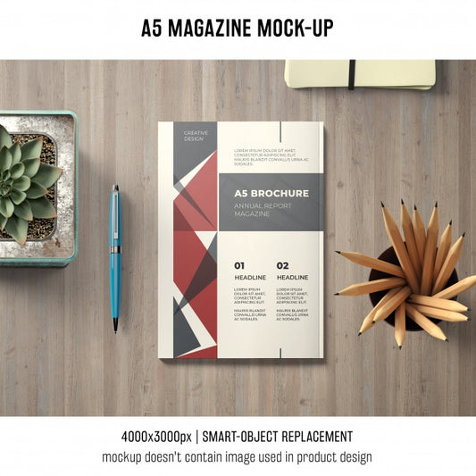 Free A5 Magazine Mockup On Desk Psd