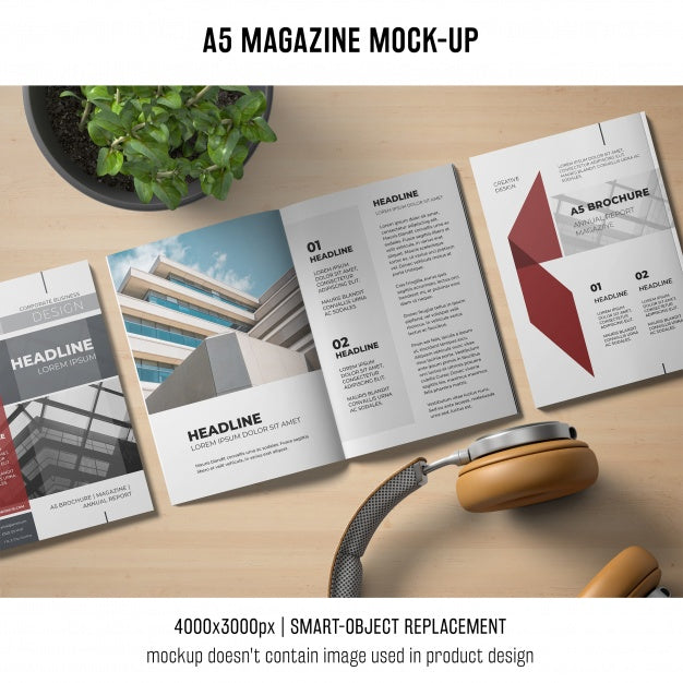 Free A5 Magazine Mockup With Headphones Psd