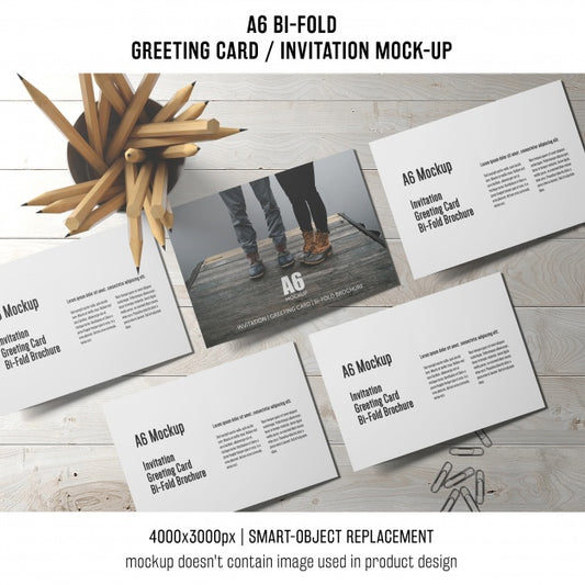 Free A6 Bi-Fold Invitation Card Template With Pencils Psd