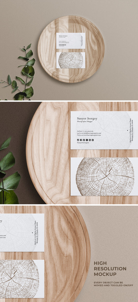 Free Business Card PSD Mockup on Wooden Plate