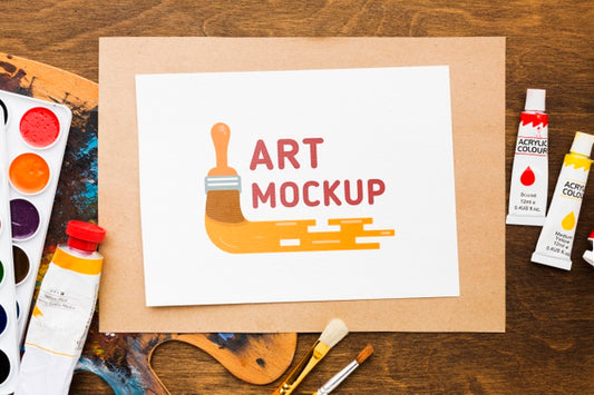 Free Above View Artist Desk With Watercolors Psd