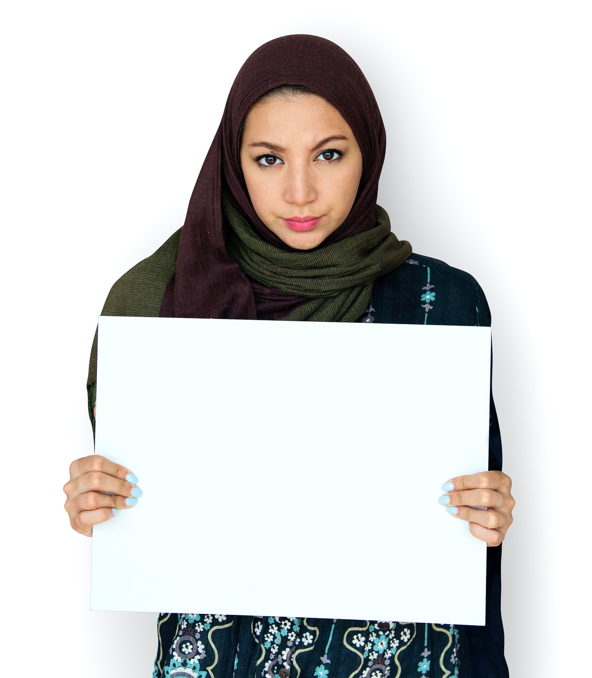 Free Adult Woman Hands Hold Blank Paper Board Copy Space