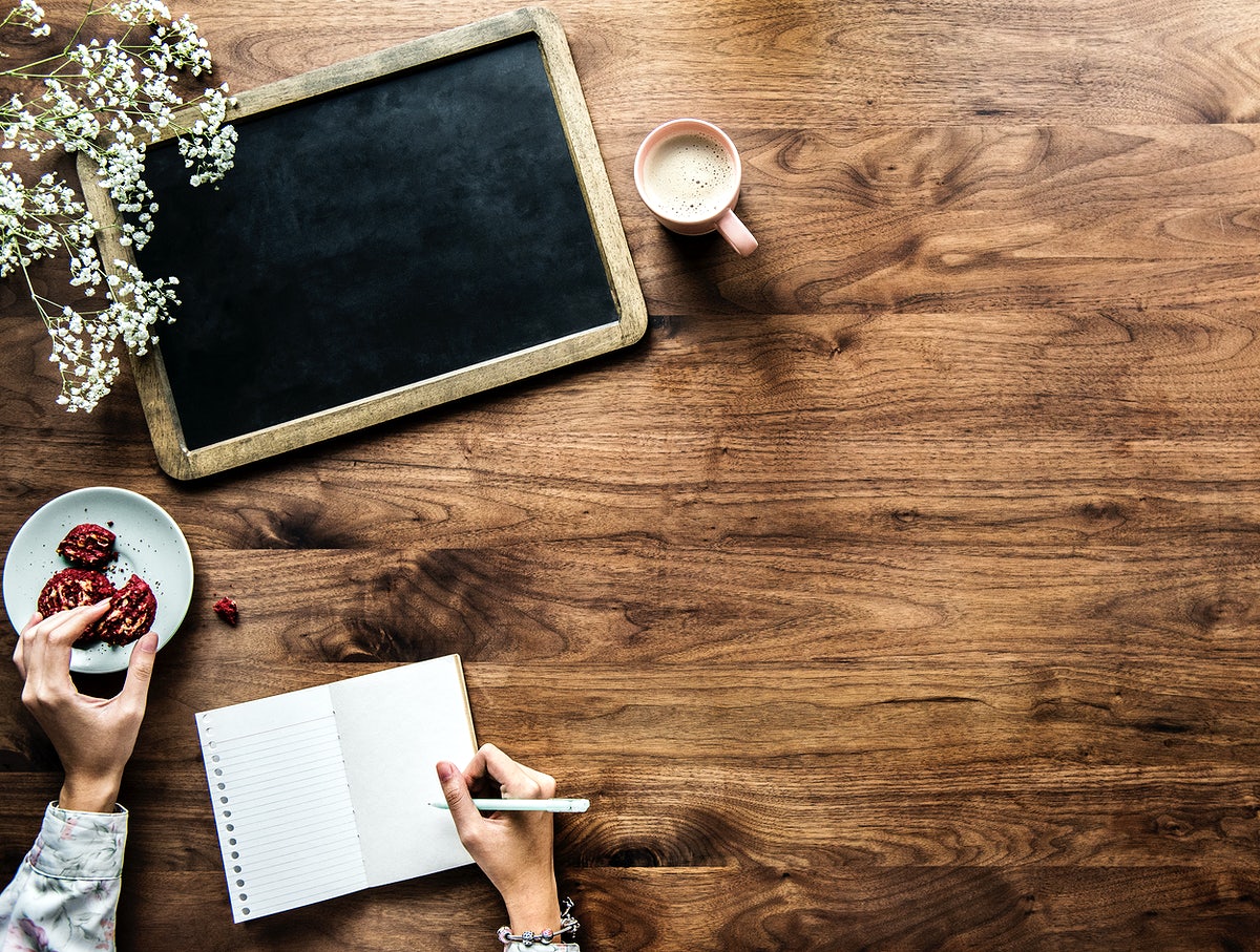 Free Aerial View Of Empty Black Board And Woman Writing On An Empty Journal With Copy Space