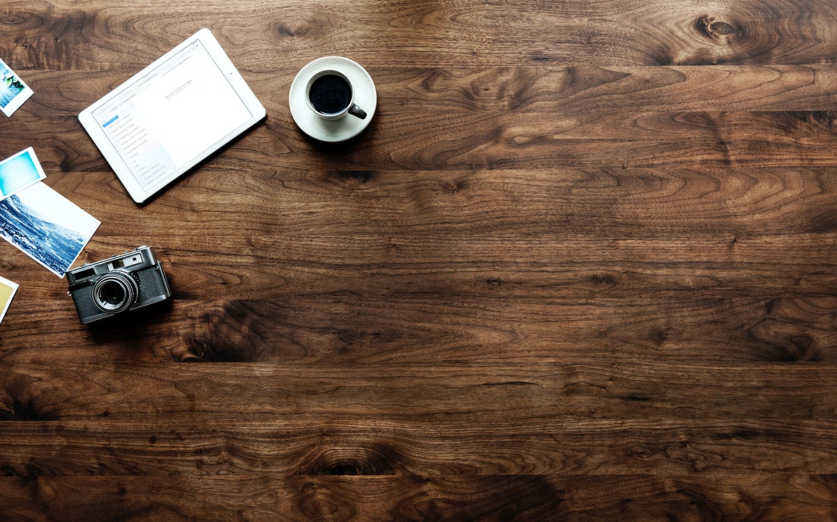 Free Aerial View Of Wooden Table And Photography Hobby Concept