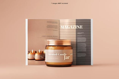 Free Amber Glass Candle Jar With Magazine Mockup Psd