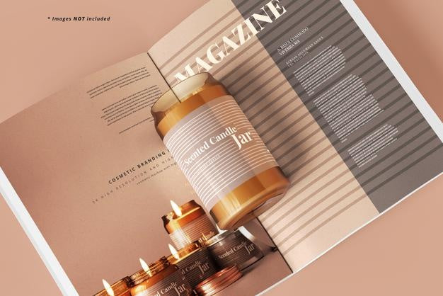 Free Amber Glass Candle With Magazine Mockup Psd