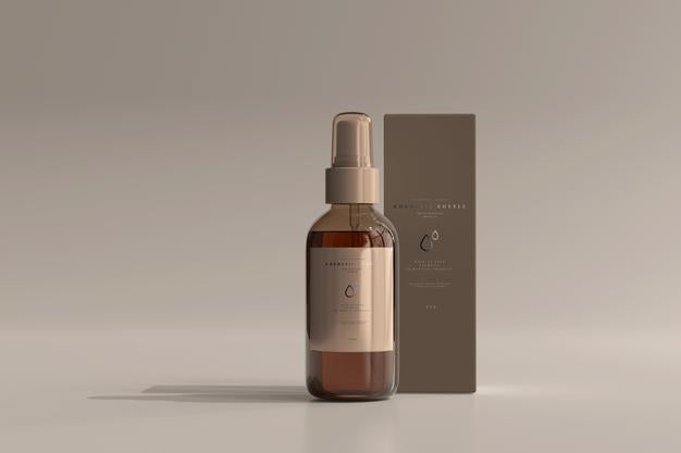 Free Amber Glass Cosmetic Spray Bottle With Box Mockup Psd