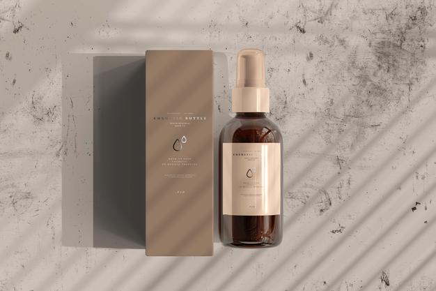 Free Amber Glass Cosmetic Spray Bottle With Box Mockup Psd