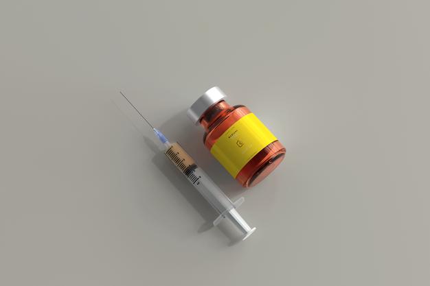 Free Amber Glass Vial Mockup With Syringe Psd