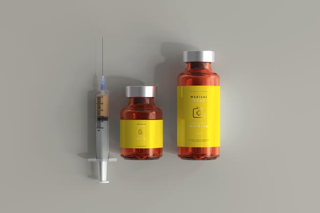 Free Amber Glass Vial Mockup With Syringe Psd