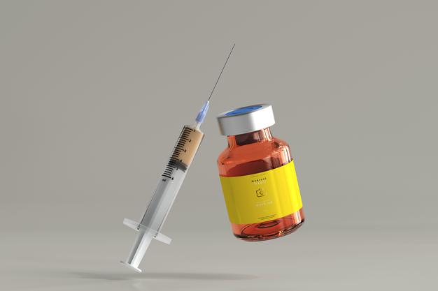 Free Amber Glass Vial Mockup With Syringe Psd