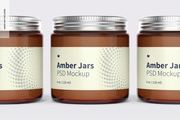 Free Amber Jars With Metallic Cap Mockup, Close Up Psd