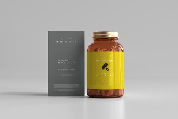 Free Amber Medicine Bottle And Box Mockup Psd