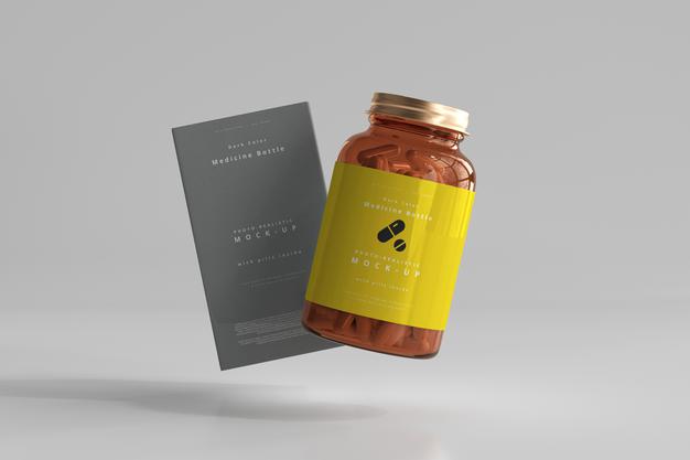 Free Amber Medicine Bottle And Box Mockup Psd