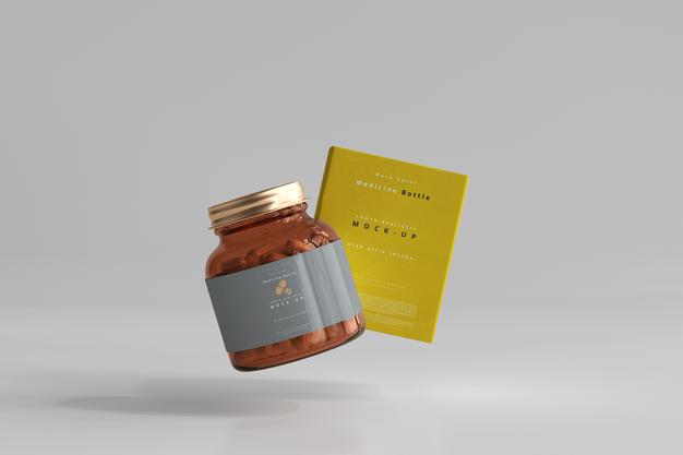 Free Amber Medicine Bottle And Box Mockup Psd