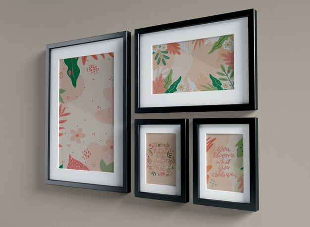 Free Arrangement Of Black Frames Mock-Up On Wall Psd