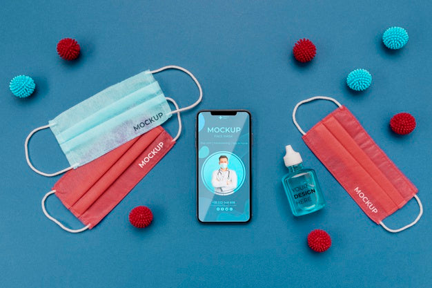 Free Arrangement Of Coronavirus Elements With Smartphone Mock-Up Psd