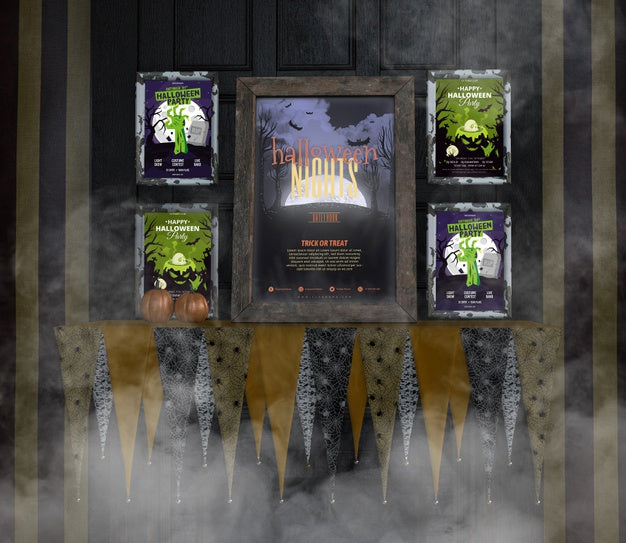 Free Arrangement Of Halloween Mock-Ups On A Creepy Wall Psd