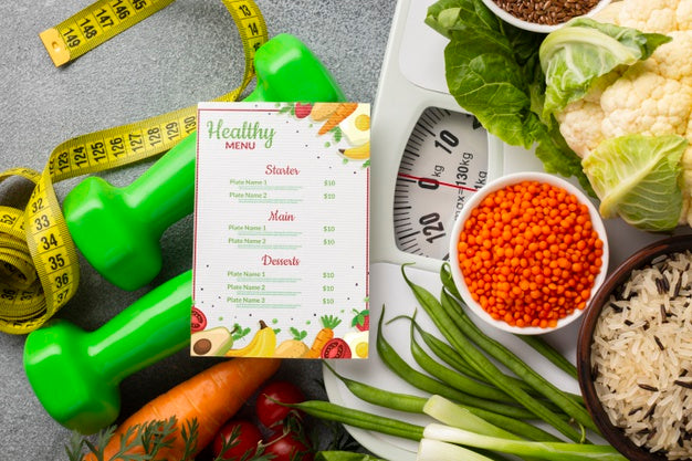 Free Arrangement Of Healthy Food On Scale And Diet Menu Psd