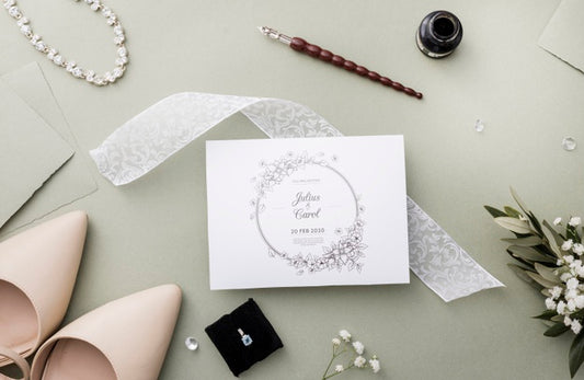 Free Arrangement Of Wedding Elements With Card Mock-Up Psd