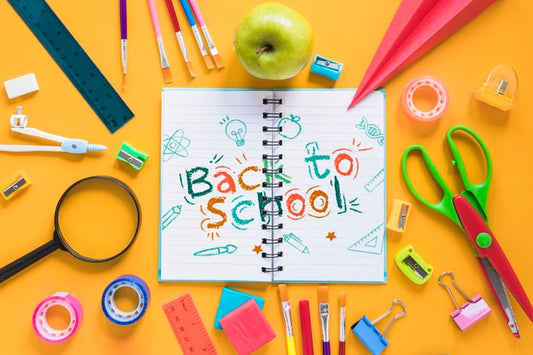 Free Arrangement With School Supplies And Opened Notebook Psd