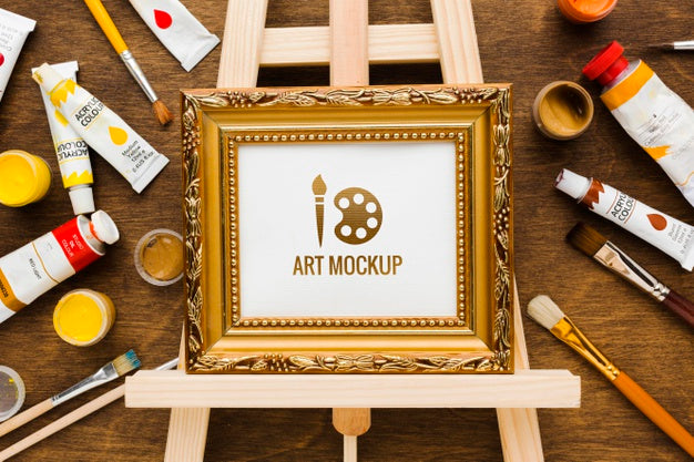 Free Artist Desk Concept With  Golden Frame Psd