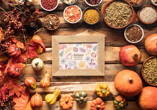 Free Autumn Background Frame Surrounded By Fall Foodstuff Psd