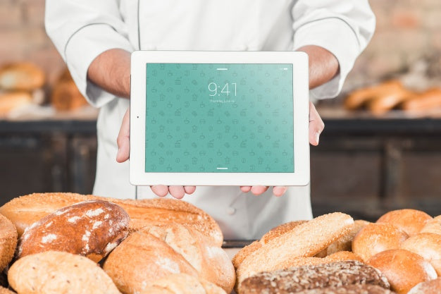 Free Bakery Mockup With Tablet Psd