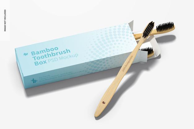 Free Bamboo Toothbrushes Boxes Mockup, Perspective View Psd