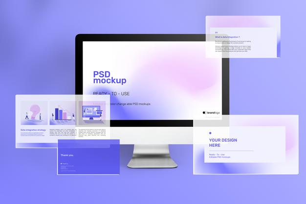 Free Beautiful Computer Screen Mockup Ad With Presentation Slides Psd