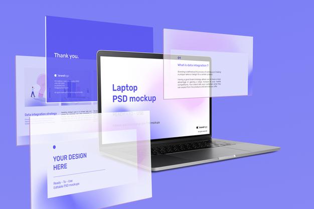 Free Beautiful Laptop Screen Mockup Ad With Presentation Slides Psd