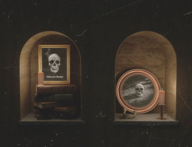 Free Beautiful Mock-Up Frames With Skull In A Cellar Chamber Psd