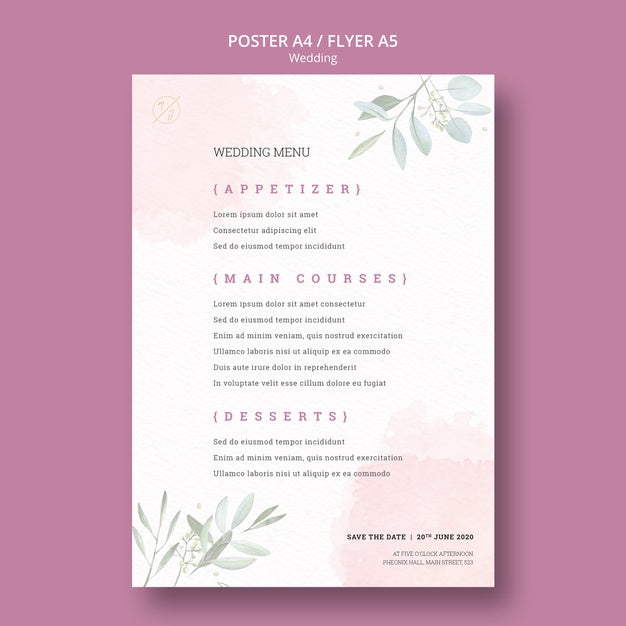 Free Beautiful Wedding Menu Poster Mock-Up Psd