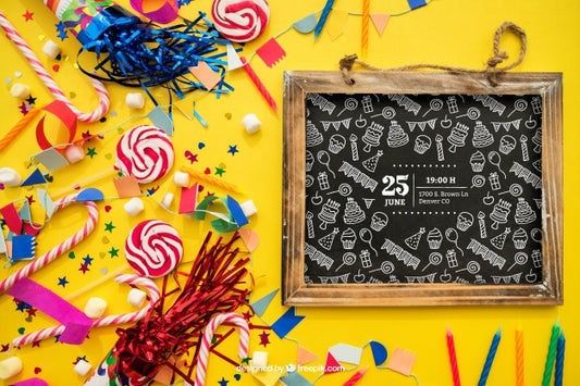 Free Birthday Decoration With Slate Candy And Confetti Psd