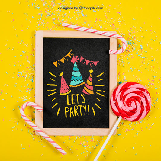 Free Birthday Mockup With Slate And Lollipop Psd