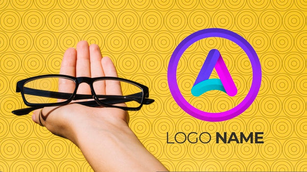 Free Black Frame Lens With Company Logo Name And Hand Psd