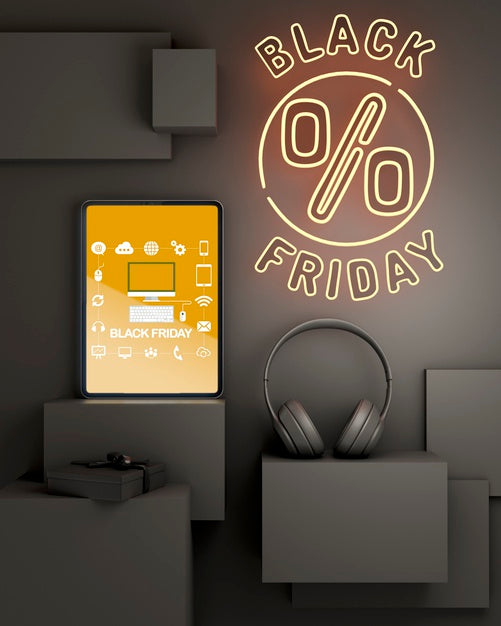 Free Black Friday Background With Yellow Neon Lights And Tablet Psd