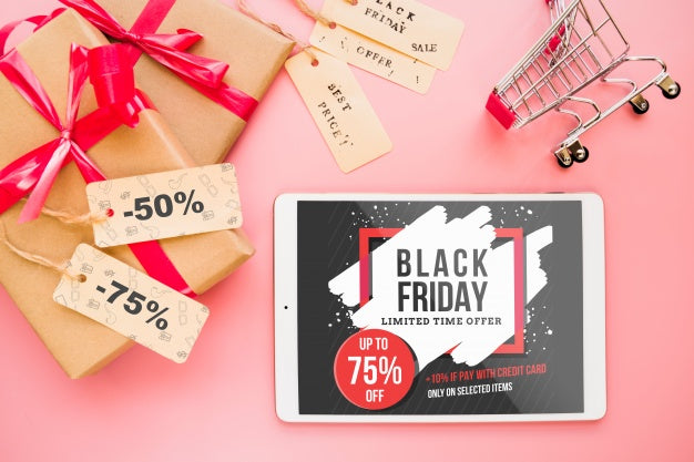 Free Black Friday Mockup With Tablet Psd