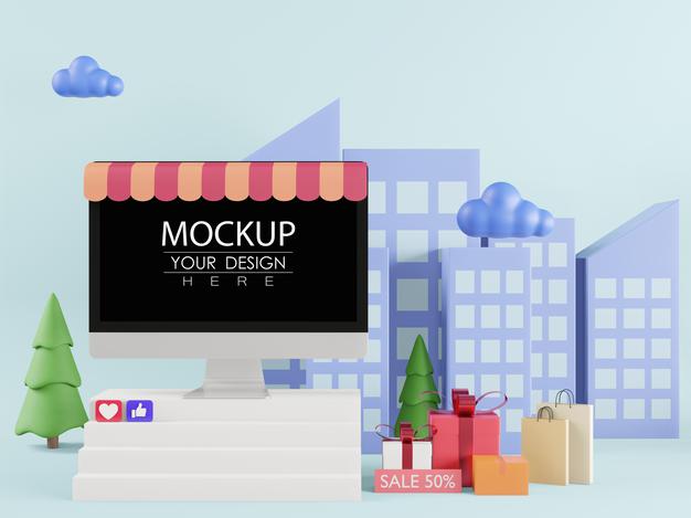 Free Blank Screen Computer Mockup For Online Sales Psd