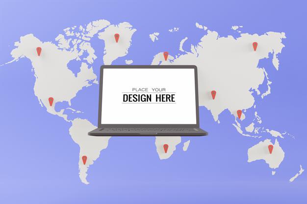 Free Blank Screen Laptop Computer On World Map Psd