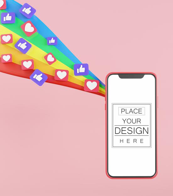 Free Blank Screen Smart Phone Mockup With Rainbow And Social Media Icons Psd