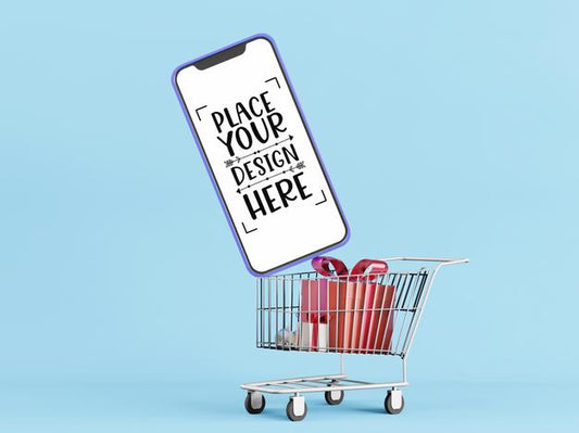 Free Blank Screen Smart Phone Mockup With Shopping Cart Psd