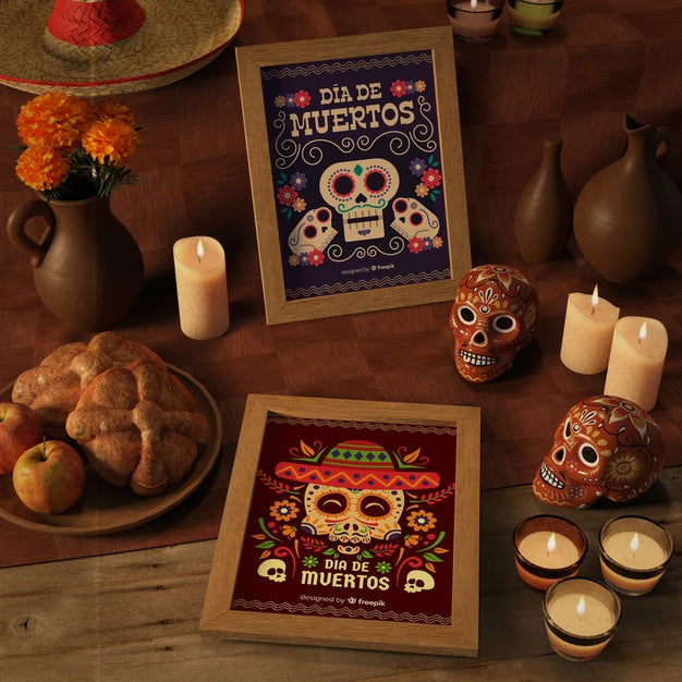 Free Blue And Red Dia De Muertos Frame Mock-Ups Psd